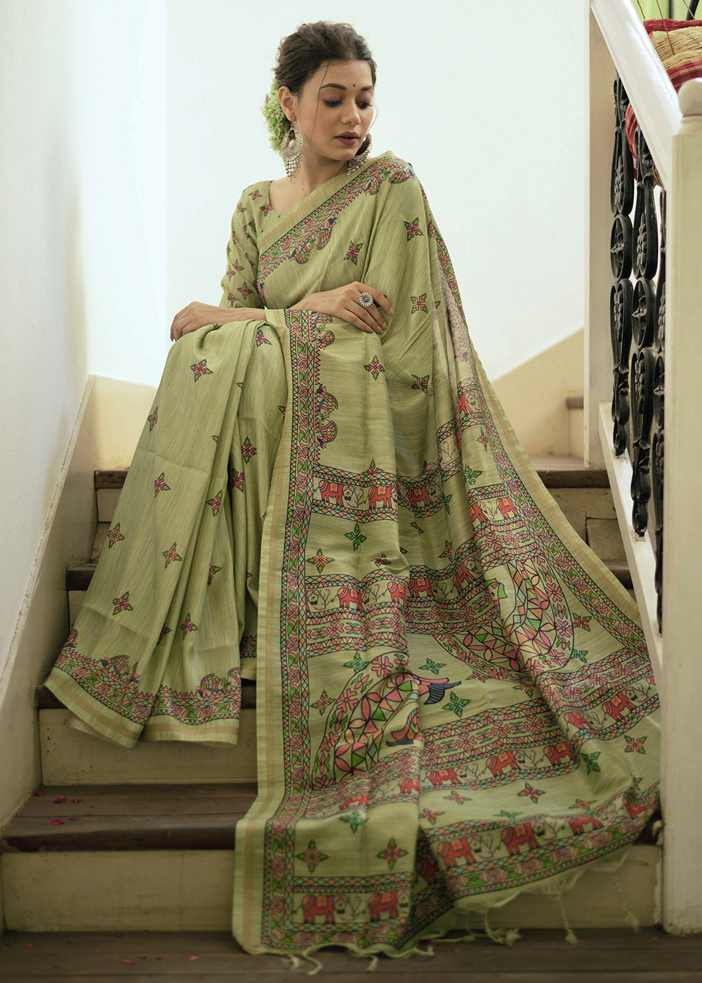 MySilkLove Green Smoke Kalamkari Printed Silk Saree