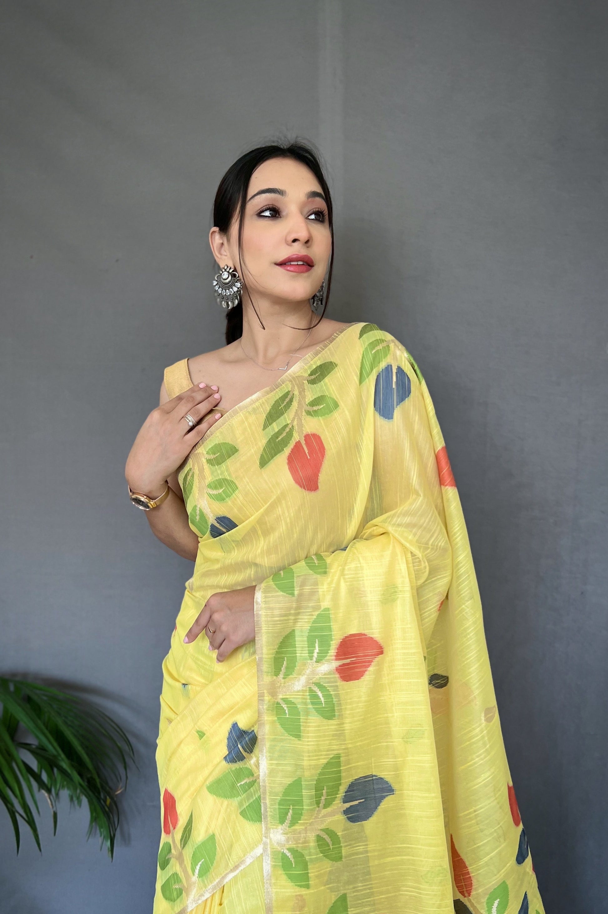 Buy MySilkLove Sweet Corn Yellow Woven Cotton Jamdani Silk Saree Online