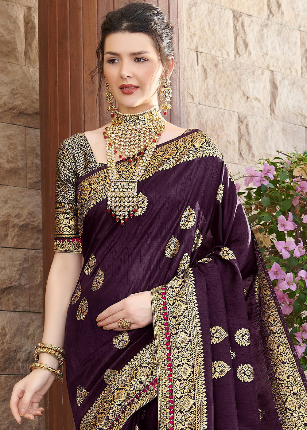 Buy MySilkLove Tamarind  Purple Zari Woven Banarasi Silk Saree Online