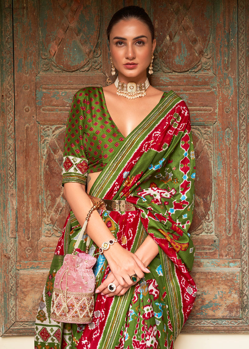 Forest Green and Red Woven Patola Silk Saree
