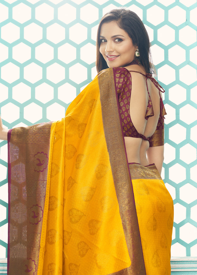 Pure Silk Bridal Saree in Yellow & Dark Brown Border! | Brown silk, Pure  silk sarees, Bridal saree