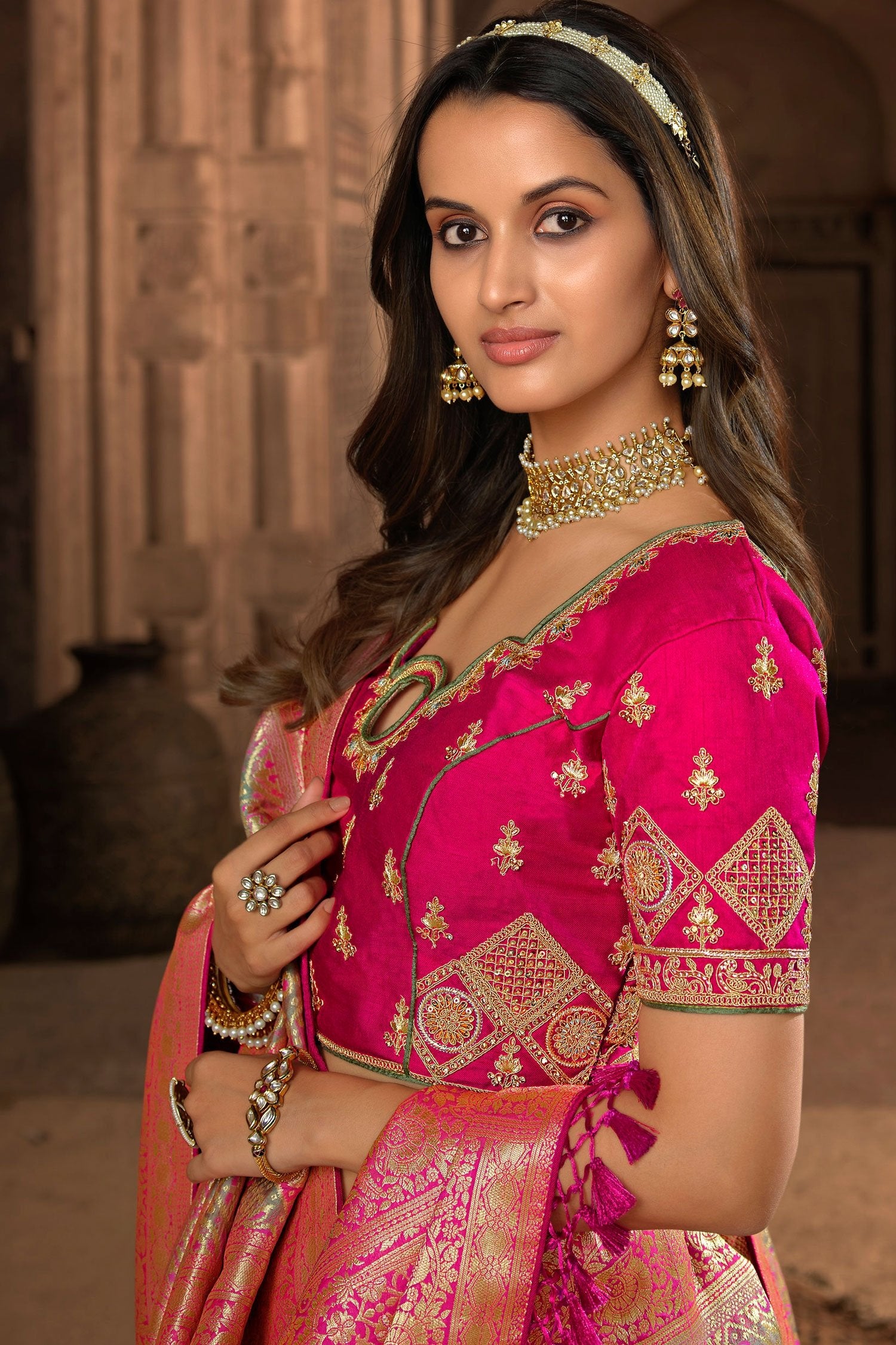 MySilkLove Birch Green and Pink Designer Banarasi Woven Silk Saree