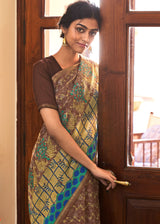 Congo Brown and Blue Cotton Linen Batik Printed Saree