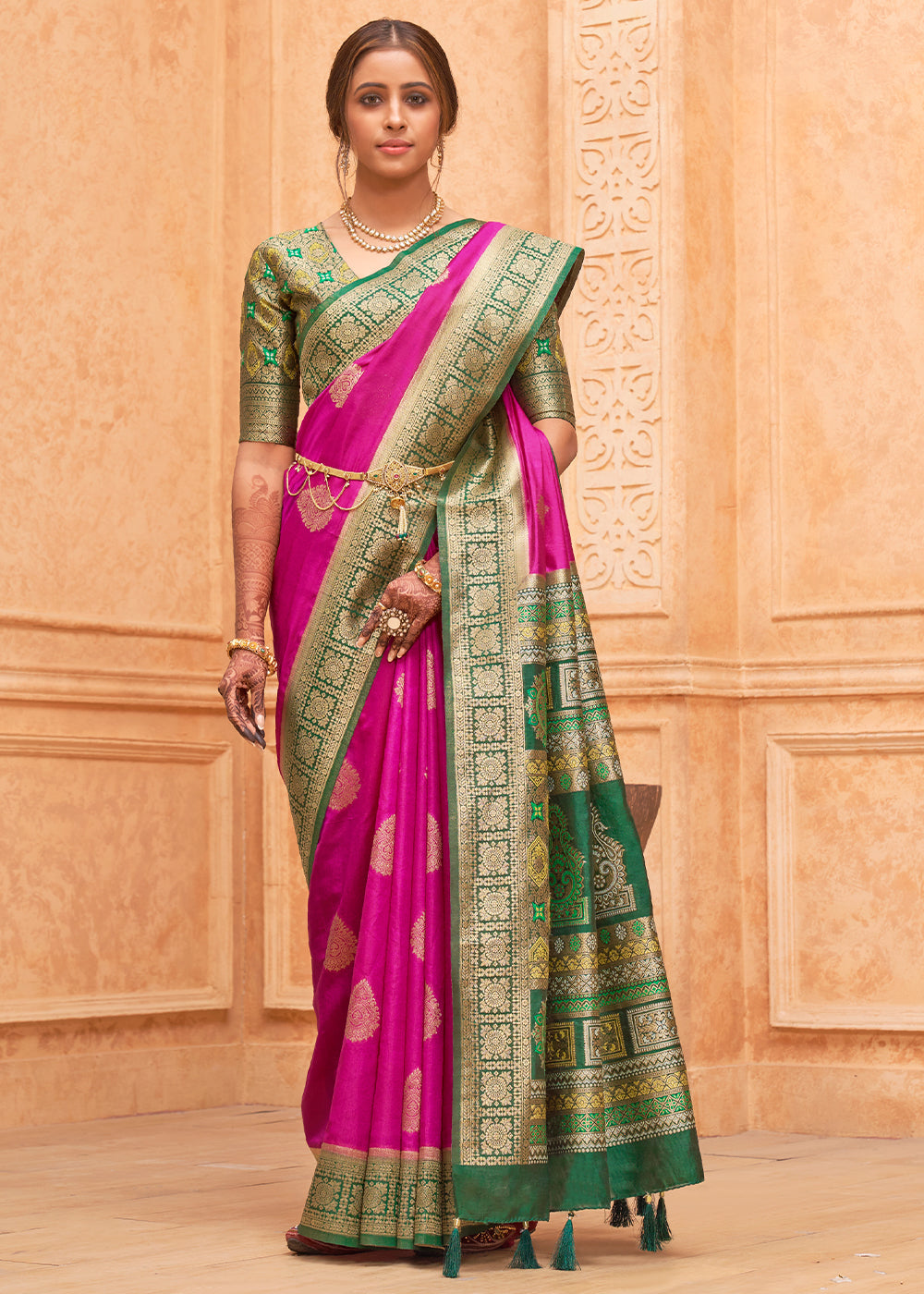 MySilkLove Cerise Pink and Green Zari Woven Banarasi Silk Saree