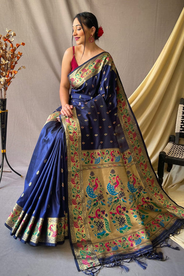 Cloud Burst Blue Zari Woven Paithani Saree