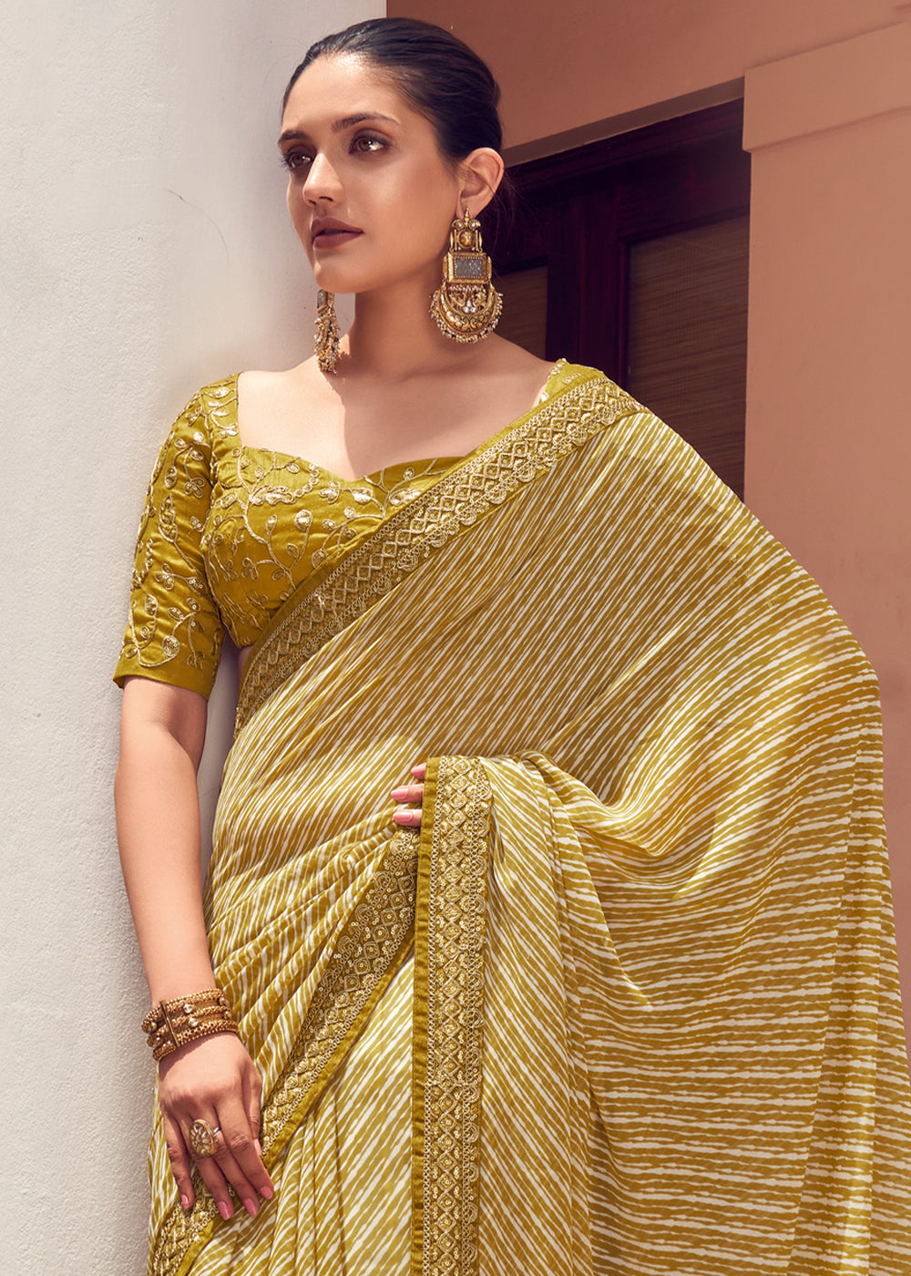 Green Yellow Lehriya Print Georgette Saree With Embroidered Blouse