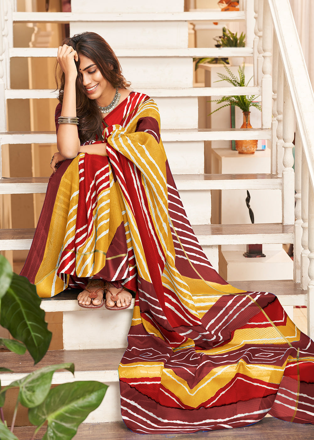 MySilkLove Merlot Red Yellow and Brown Cotton Saree With Leheriya Print