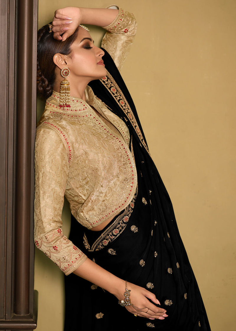 Deep Black Designer Embroidered Silk Saree