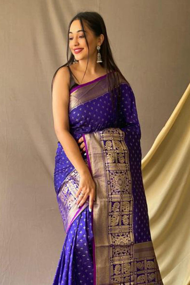 Buy MySilkLove Gigas Blue Zari Woven Kanjivaram Silk Saree Online