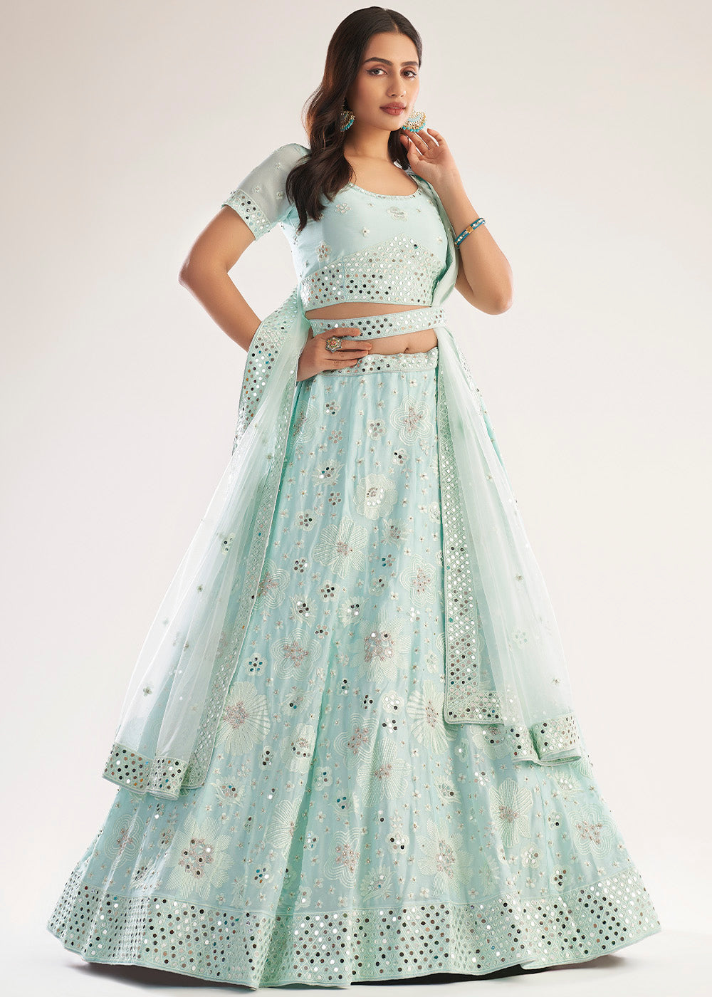 Buy MySilkLove Moon Mist Blue Net Designer Lehenga Choli Online