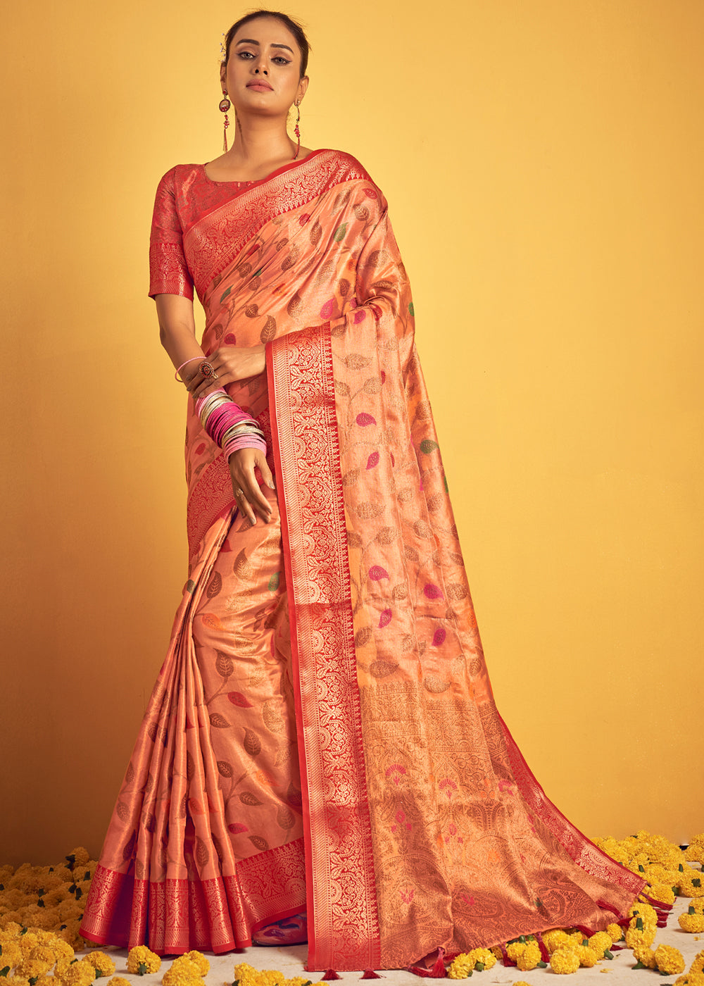 Buy MySilkLove Macaroni Peach Woven Banarasi Brocade Silk Saree Online