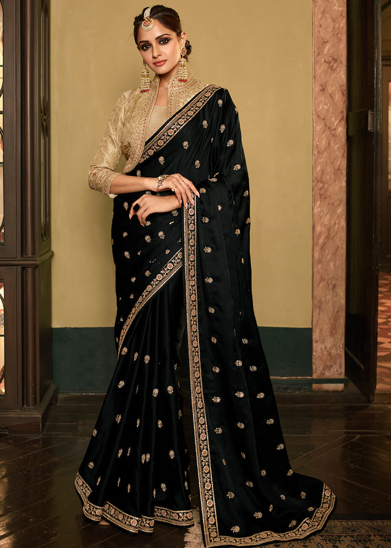 Deep Black Designer Embroidered Silk Saree