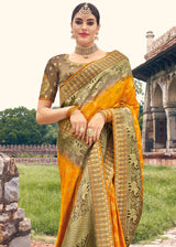 Neon Orange and Brown Zari Woven Designer Banarasi Saree