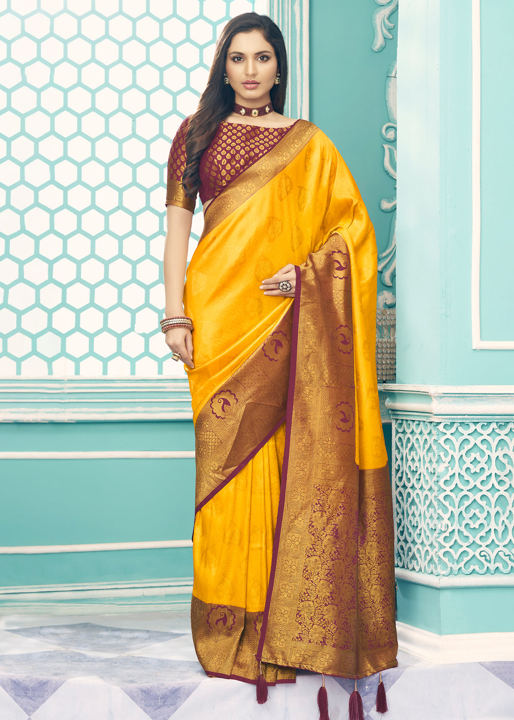 Buy MySilkLove Mustard Yellow and Brown Kanjivaram Saree Online