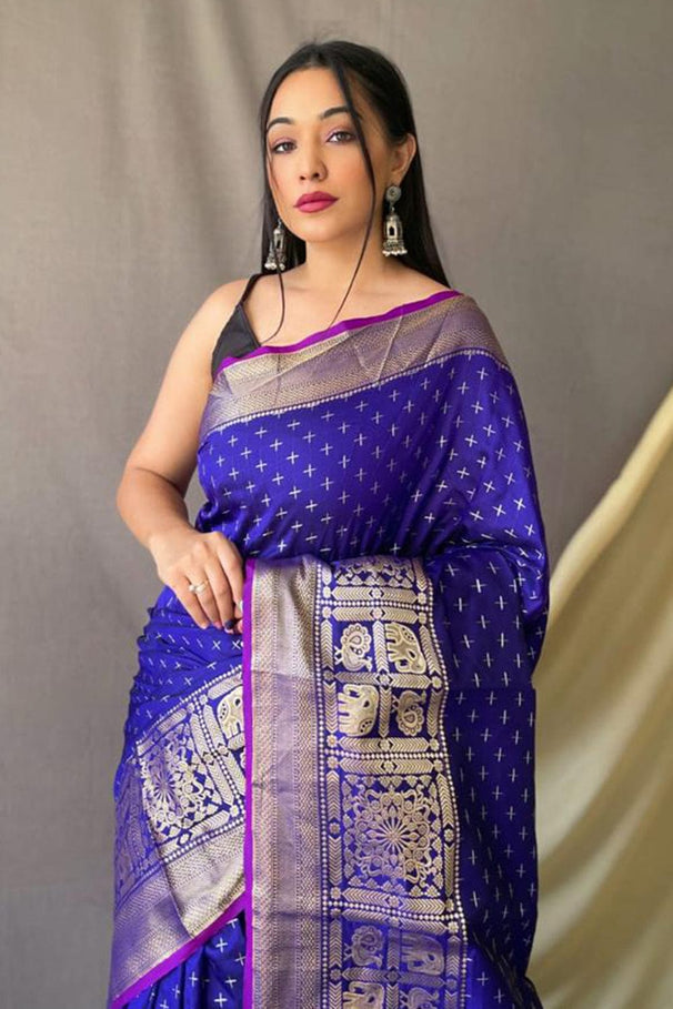 Buy MySilkLove Gigas Blue Zari Woven Kanjivaram Silk Saree Online