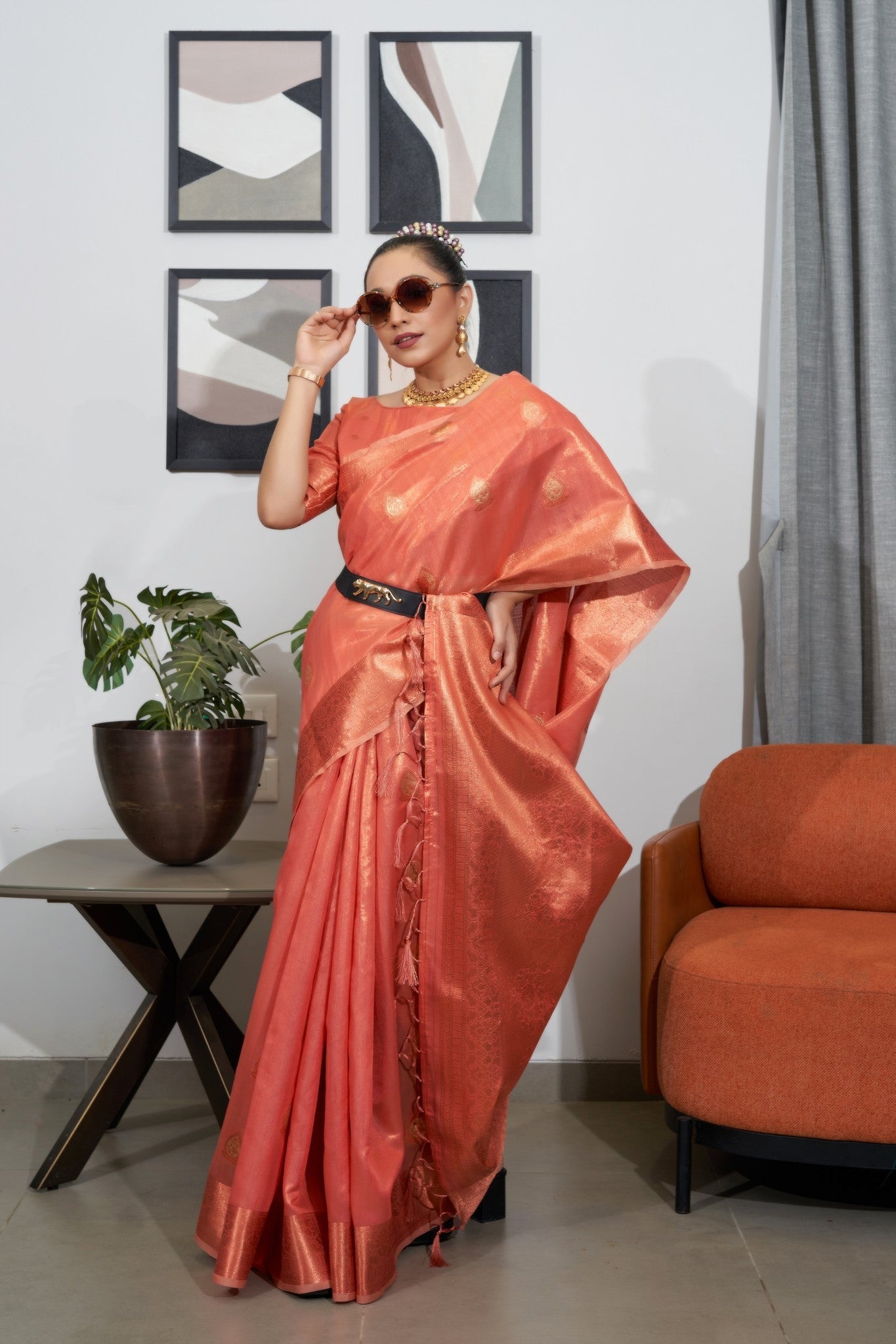 Buy MySilkLove Japonica Peach Woven Organza Tissue Silk Saree Online