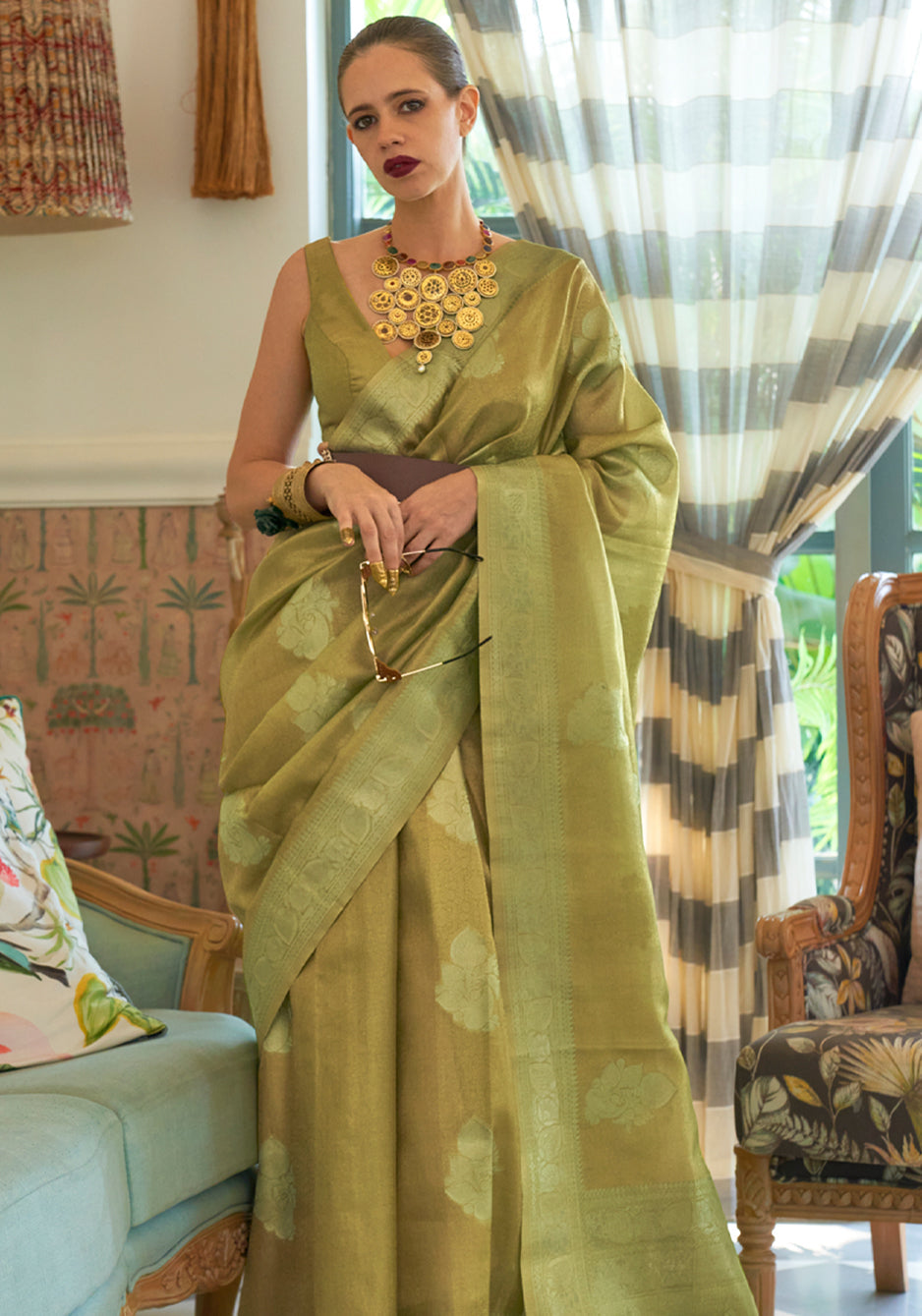 Buy MySilkLove Barley Corn Green Woven Banarasi Satin Tissue Silk Saree Online