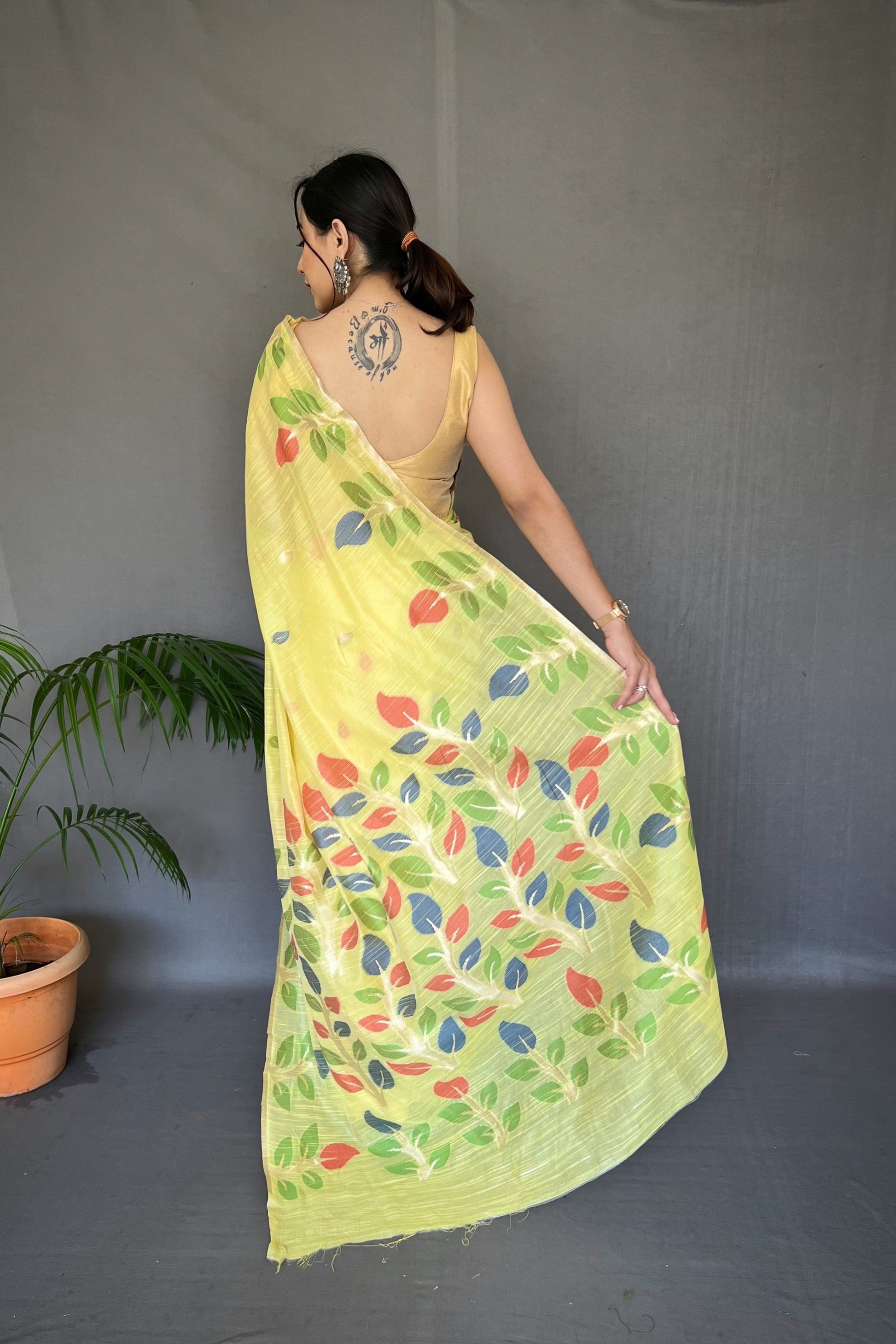 Buy MySilkLove Sweet Corn Yellow Woven Cotton Jamdani Silk Saree Online