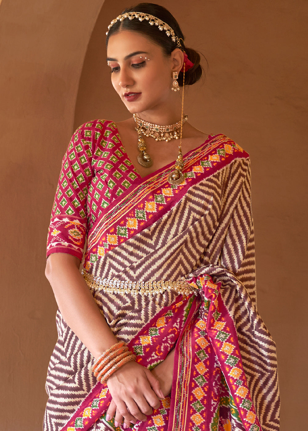 Buy MySilkLove Fawn Brown and Pink Printed Patola Silk Saree Online