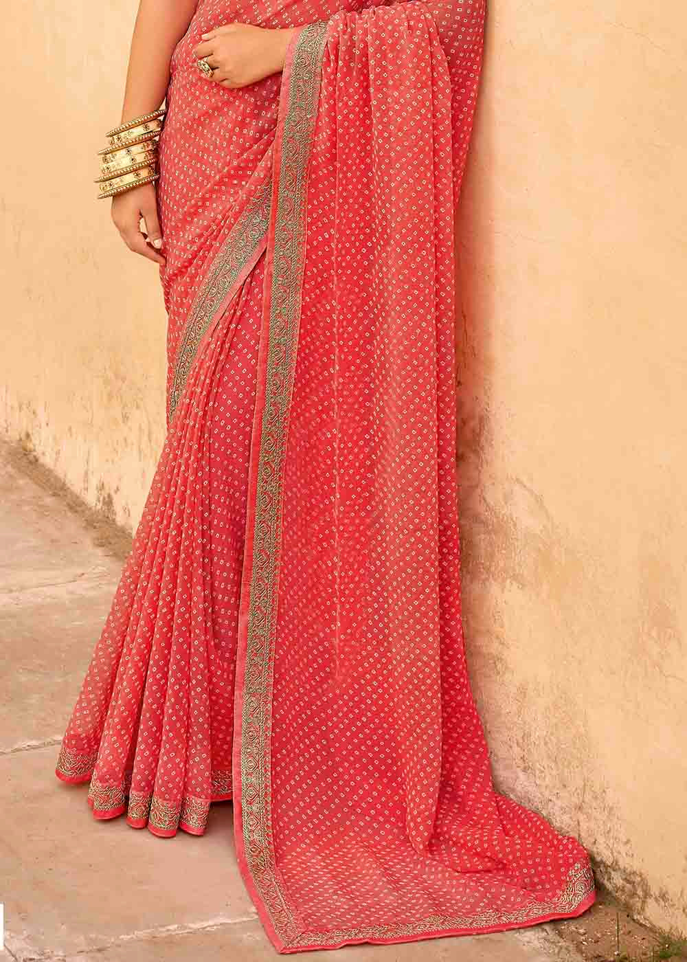 Buy MySilkLove Burnt Pink Georgette Leheriya Printed Saree with Embroidered Blouse Online