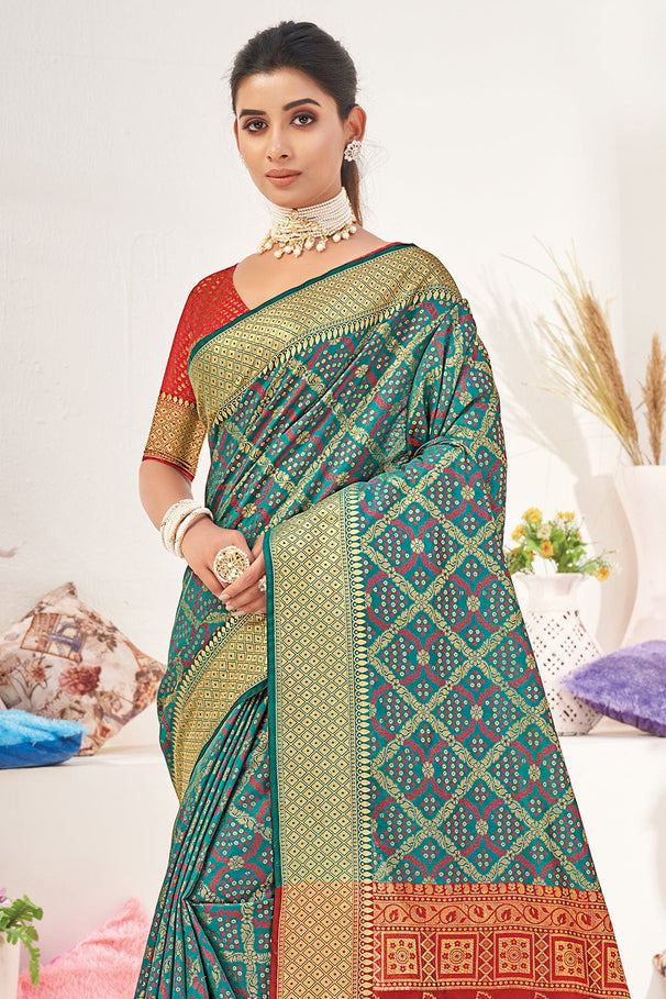 Buy MySilkLove Tradewind Blue and Red Zari Woven Patola Saree Online