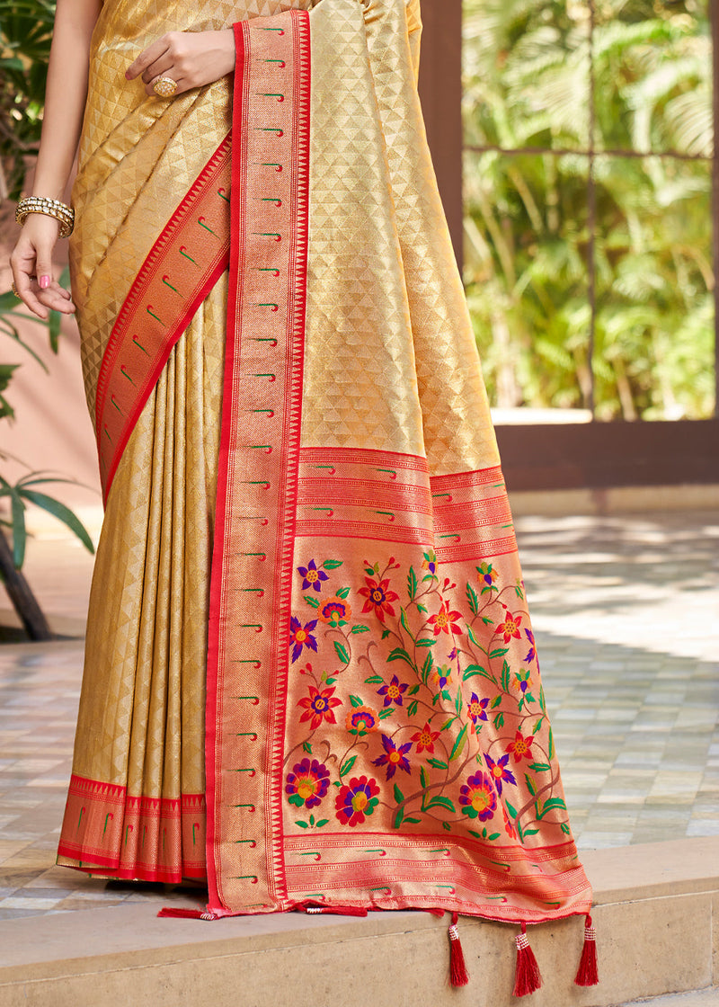 Wheat Cream Woven Paithani Silk Saree