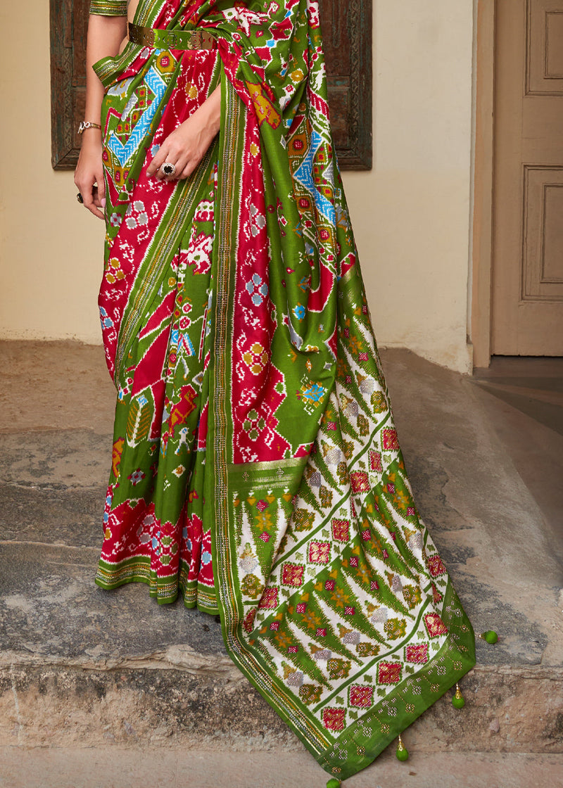 Forest Green and Red Woven Patola Silk Saree