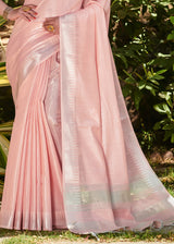 Mandys Pink Zari Woven Tissue Linen Saree