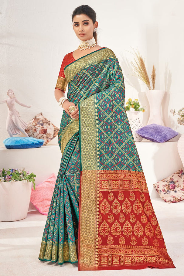 Buy MySilkLove Tradewind Blue and Red Zari Woven Patola Saree Online