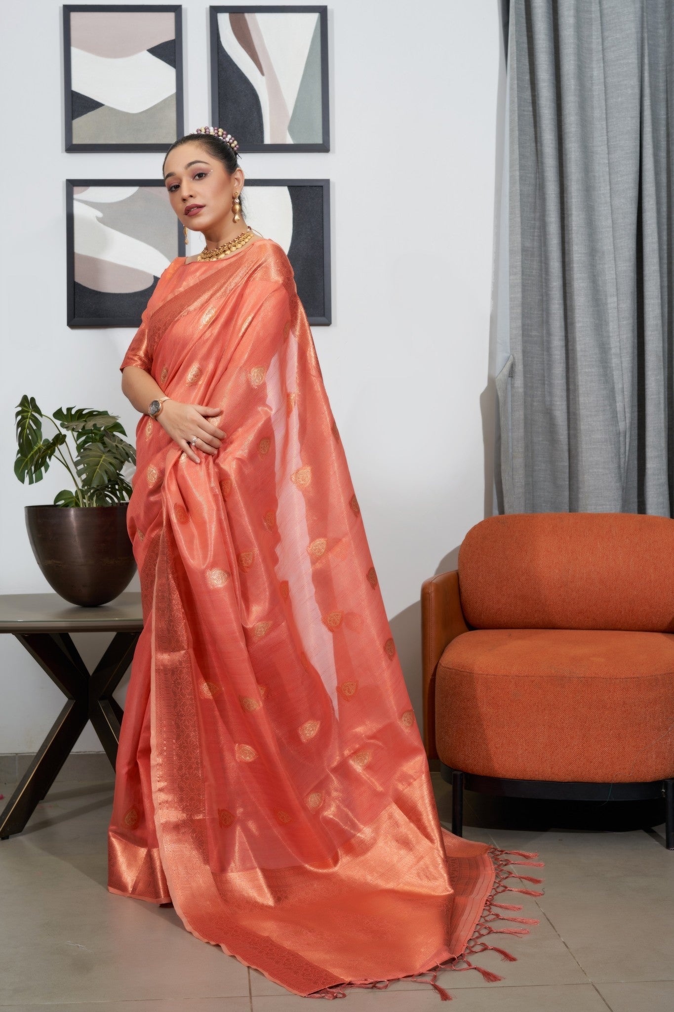 Buy MySilkLove Japonica Peach Woven Organza Tissue Silk Saree Online