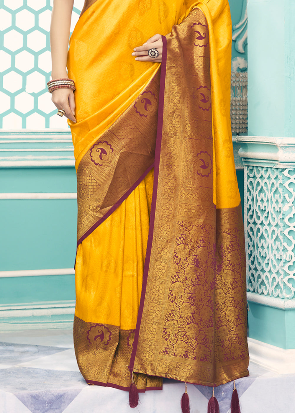 Buy MySilkLove Mustard Yellow and Brown Kanjivaram Saree Online