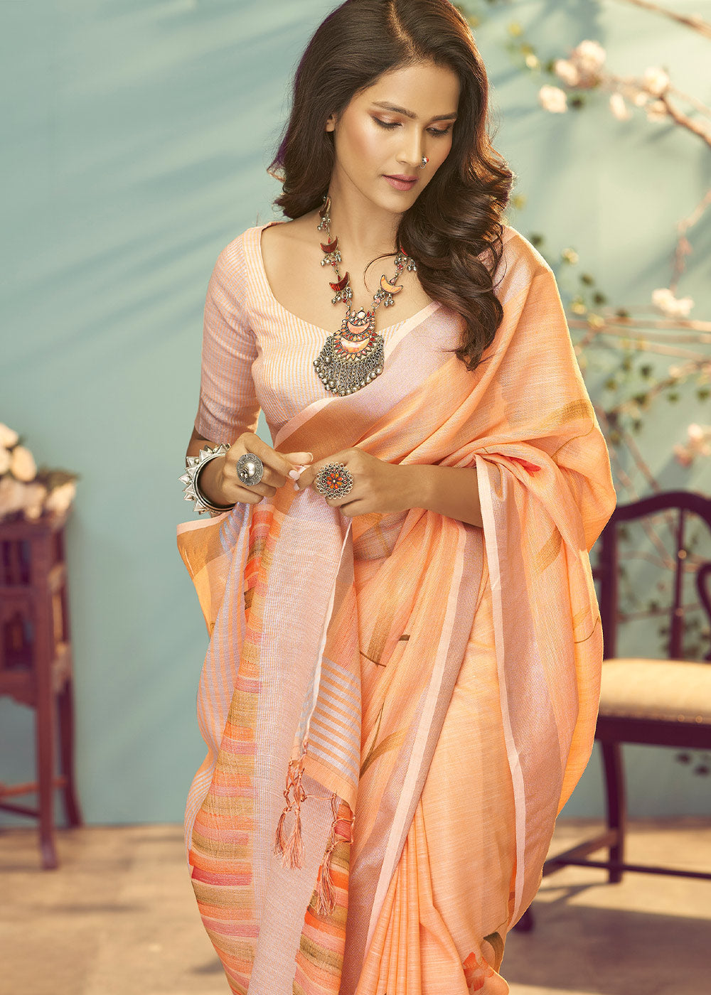 Buy MySilkLove Flesh Orange Soft Linen Silk Floral Printed Saree Online