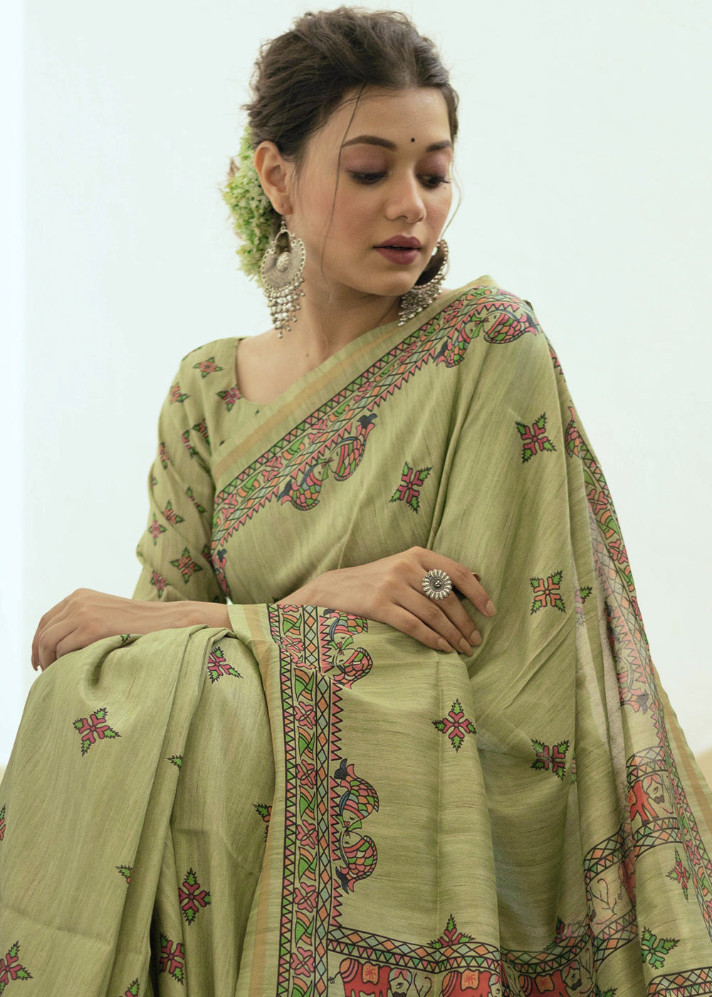Buy MySilkLove Green Smoke Kalamkari Printed Silk Saree Online