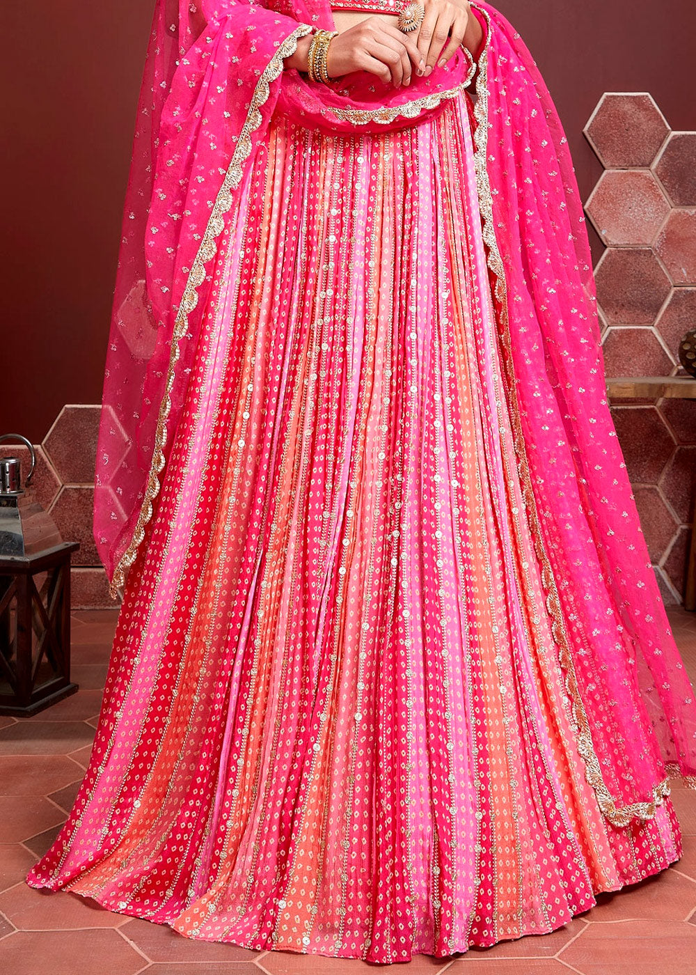 Buy MySilkLove Wild Watermelon Pink Bandhani Printed Chinon Silk Lehenga Choli Online