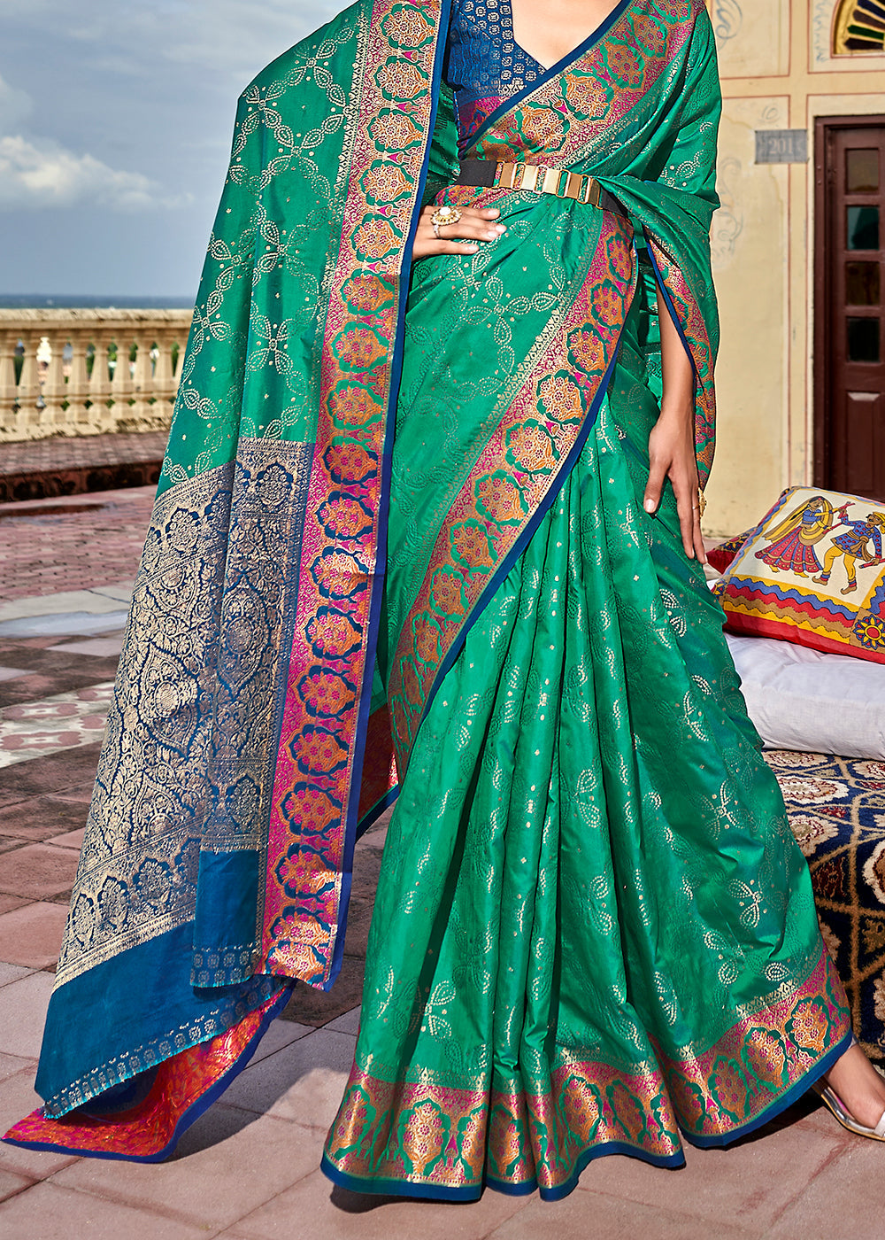 Buy MySilkLove Paradiso Green and Blue Woven Soft Silk Saree Online