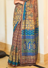 Congo Brown and Blue Cotton Linen Batik Printed Saree