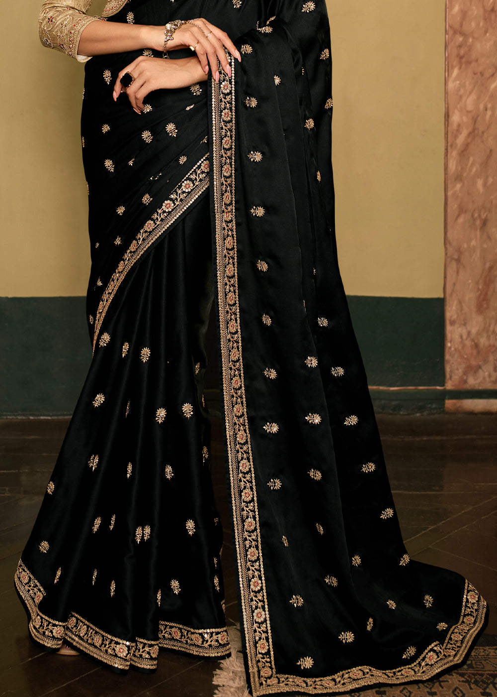 Buy MySilkLove Deep Black Designer Embroidered Silk Saree Online