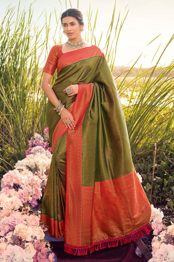 Buy MySilkLove Sycamore Green and Red Woven Kanjivaram Saree Online