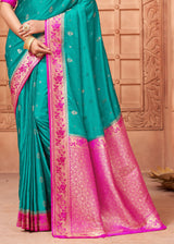 Niagara Green and Pink Banarasi Satin Silk Saree