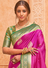Cerise Pink and Green Zari Woven Banarasi Silk Saree
