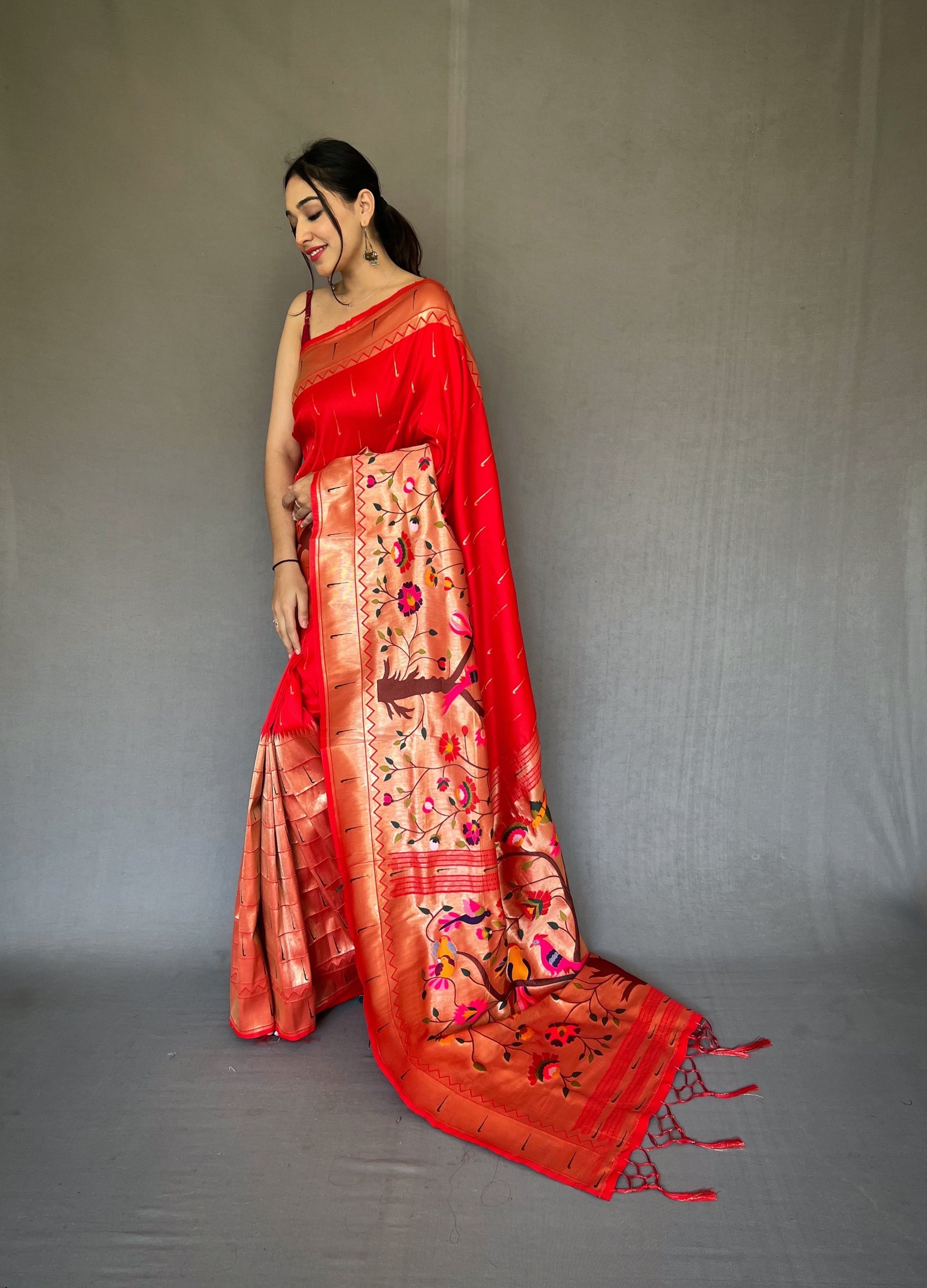 Buy MySilkLove Flamingo Red Woven Paithani Silk Saree Online