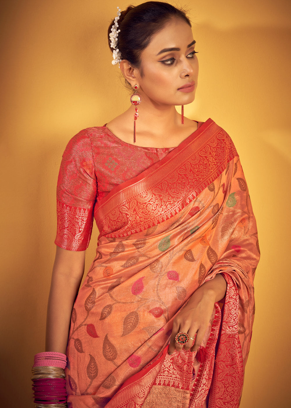 Buy MySilkLove Macaroni Peach Woven Banarasi Brocade Silk Saree Online