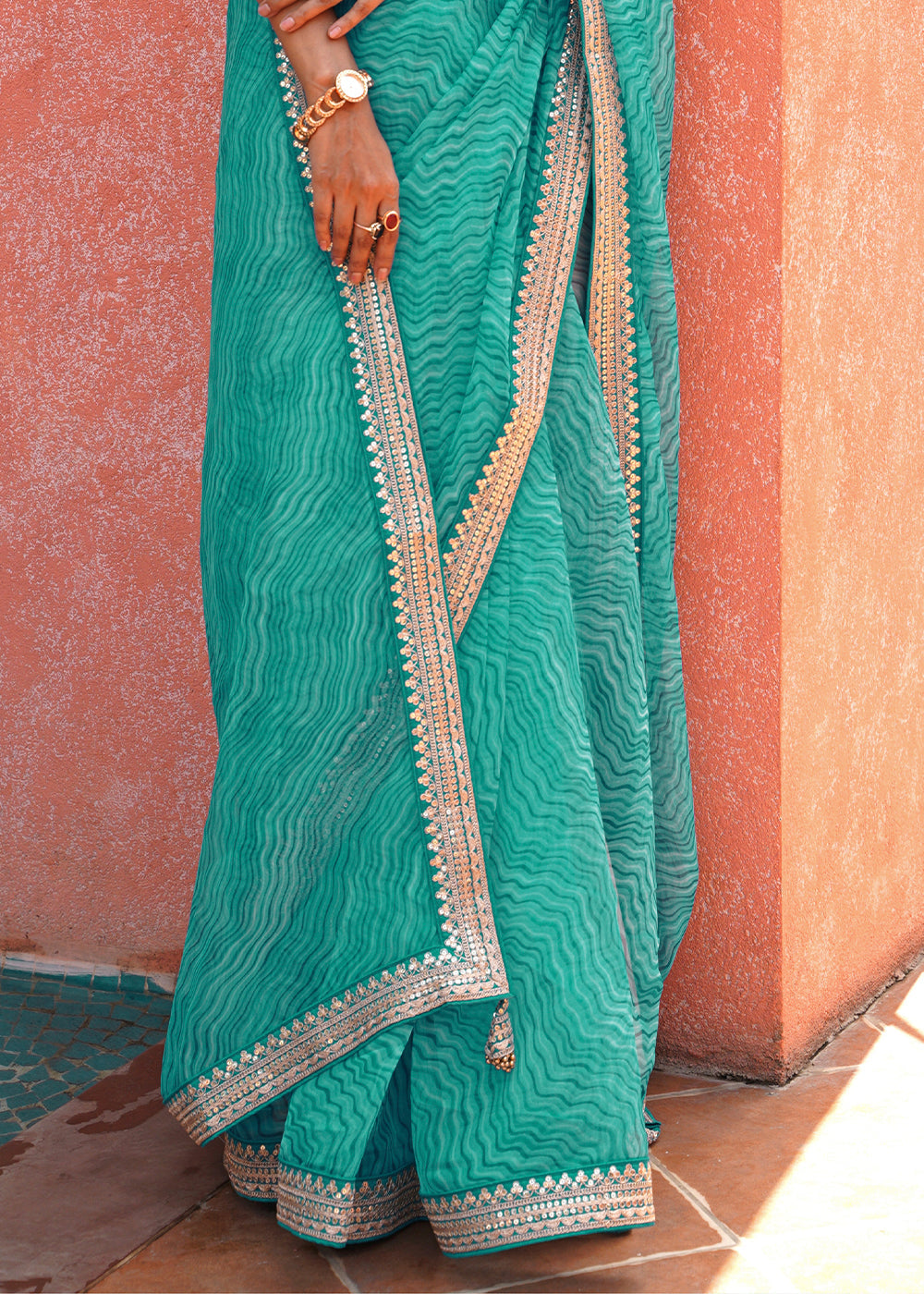 Buy MySilkLove Ocean Green Pearl Lehriya Organza Saree With Embroidered Blouse Online
