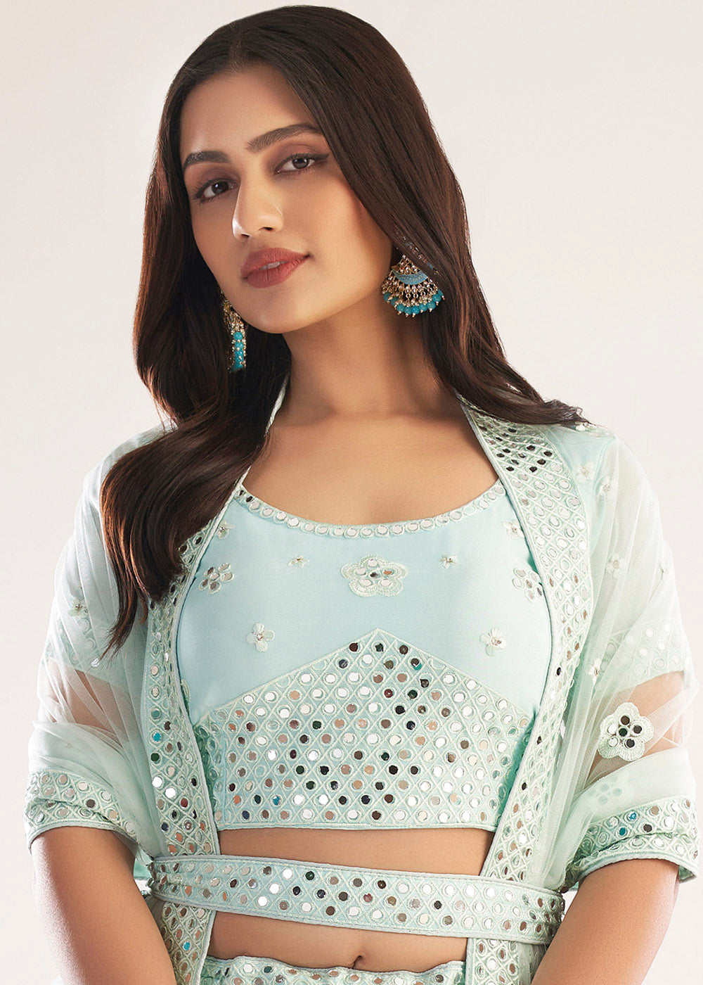 Buy MySilkLove Moon Mist Blue Net Designer Lehenga Choli Online