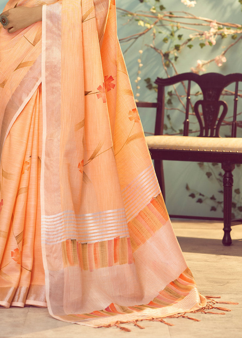 Flesh Orange Soft Linen Silk Floral Printed Saree