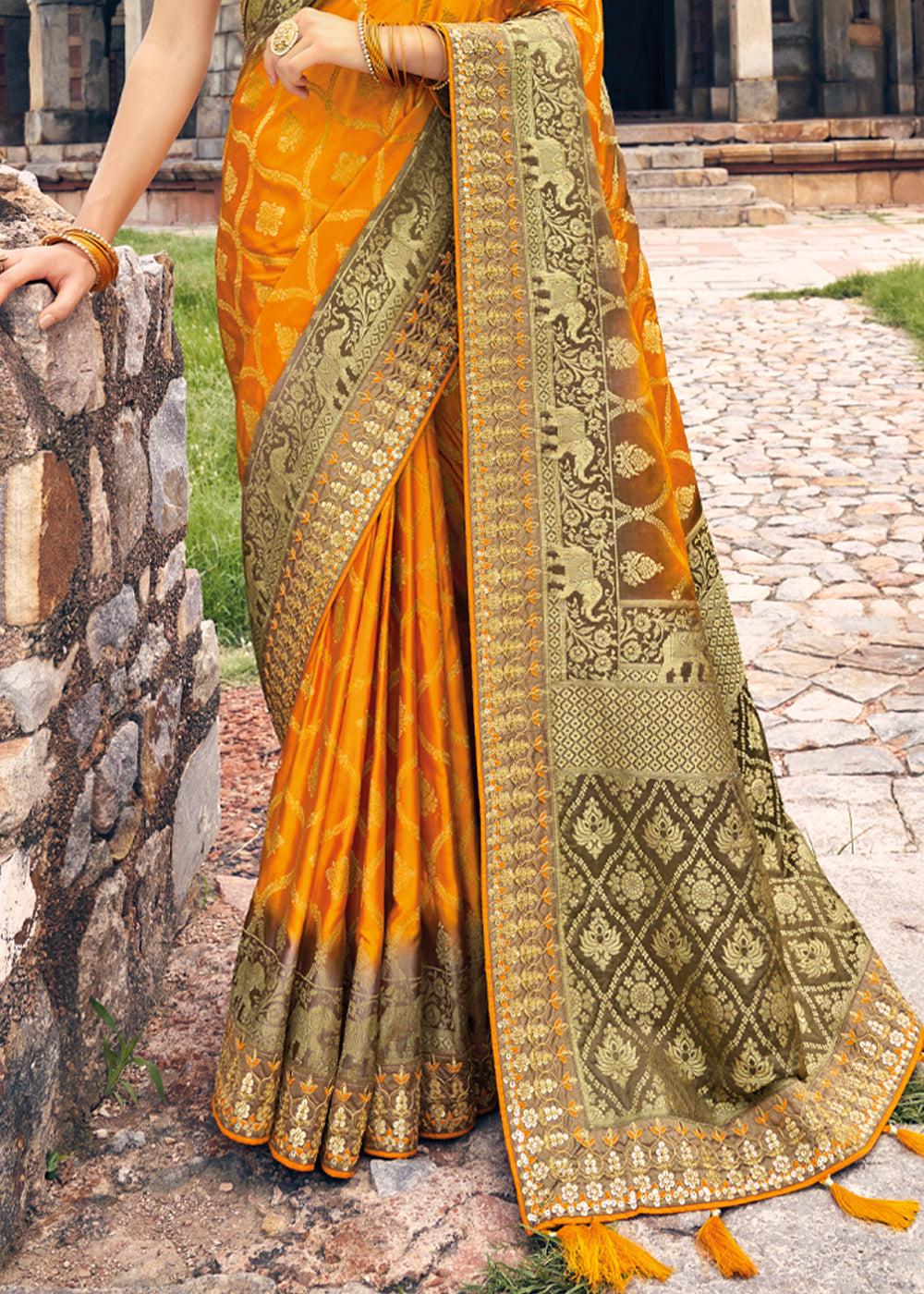 Buy MySilkLove Neon Orange and Brown Zari Woven Designer Banarasi Saree Online