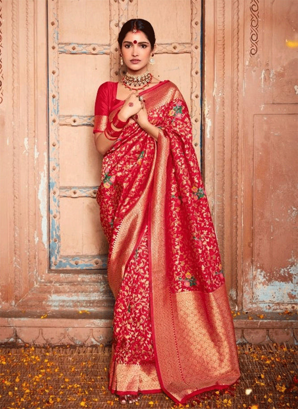 Buy Bright Red Banarasi Saree online-Karagiri. Buy banarasi saree online.