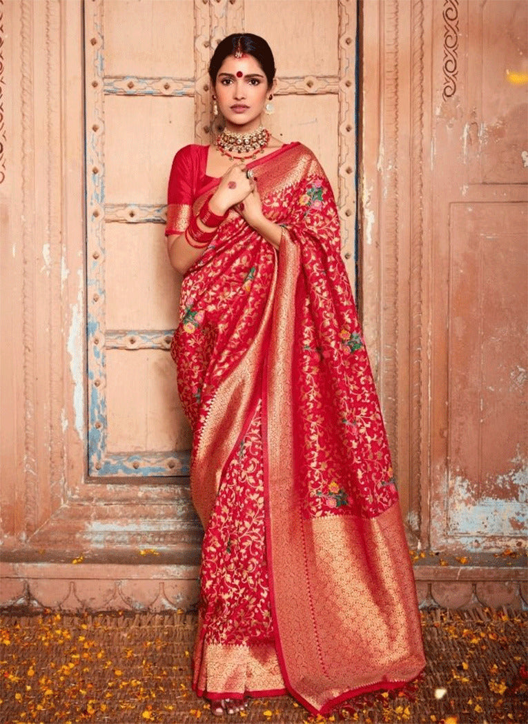 Cognac Red Zari Woven Banarasi Soft Silk Saree