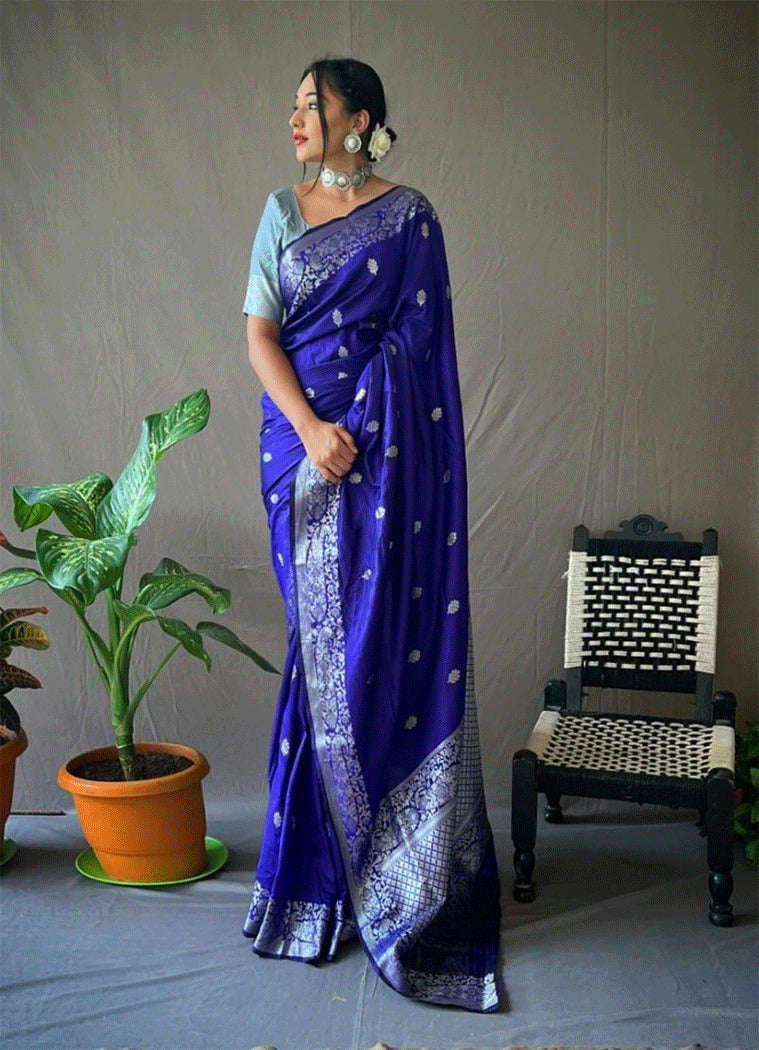 Lucky Point Blue Zari Woven Banarasi Silk Saree