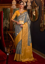 Stonewall Grey Zari Woven Banarasi Tanchoi Silk Saree